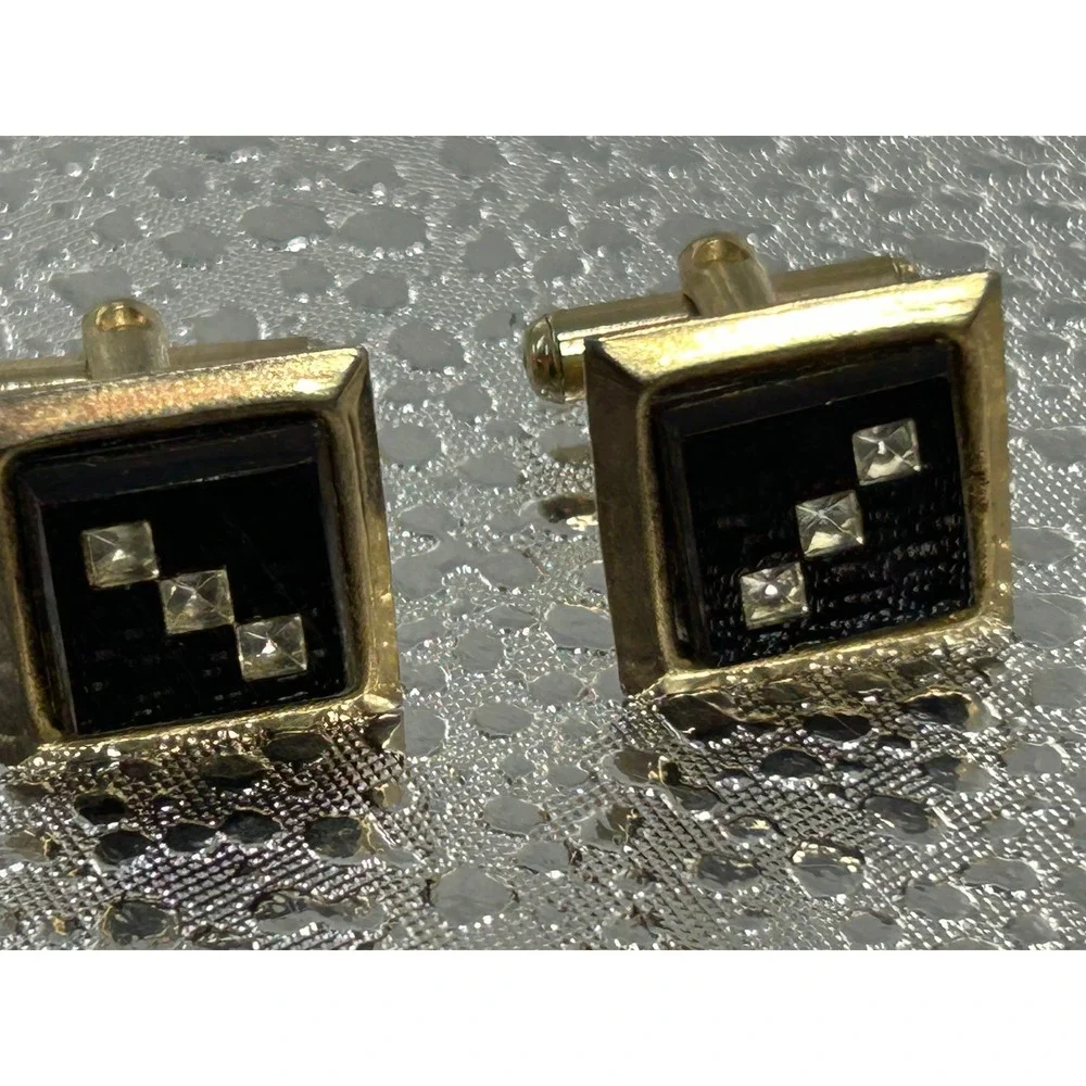 Vintage Gold Tone Square Cufflinks Black Rhinestone Mid‎ Century Formal Mens